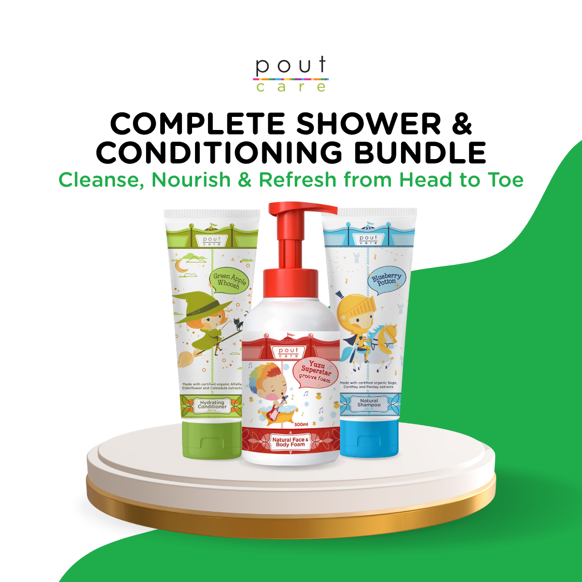 pout Care Top-to-Toe Shower and Conditioning Bundle for Kids and Adults – Shampoo, Conditioner and Face & Body Wash