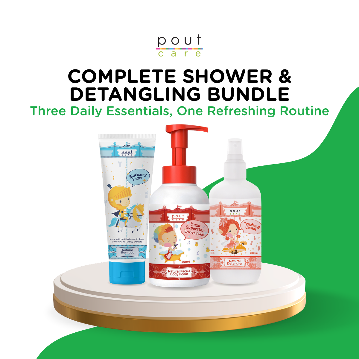 pout Care Top-to-Toe Shower and Detangling Bundle for Kids and Adults – Shampoo, Detangler and Face & Body Wash