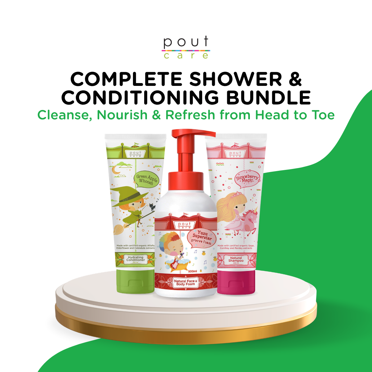 pout Care Top-to-Toe Shower and Conditioning Bundle for Kids and Adults – Shampoo, Conditioner and Face & Body Wash