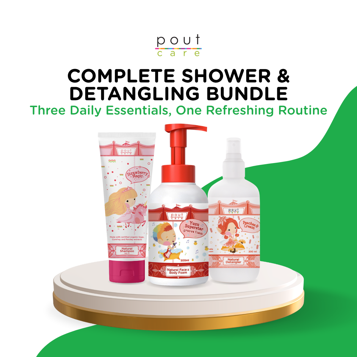 pout Care Top-to-Toe Shower and Detangling Bundle for Kids and Adults – Shampoo, Detangler and Face & Body Wash